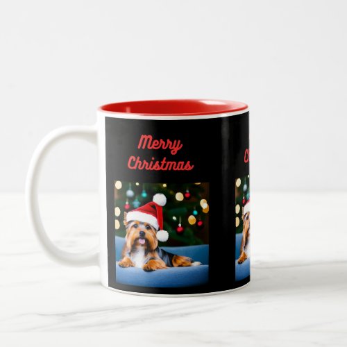 Yorkshire terrier wearing a Santa hat on coffee m Two_Tone Coffee Mug