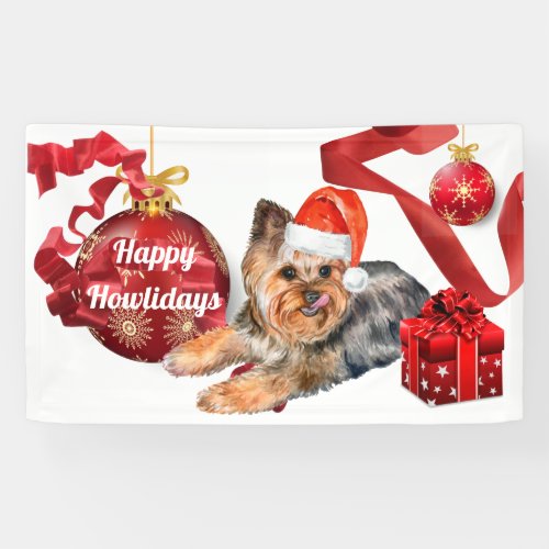 Yorkshire terrier wearing Christmas hat tree balls Banner