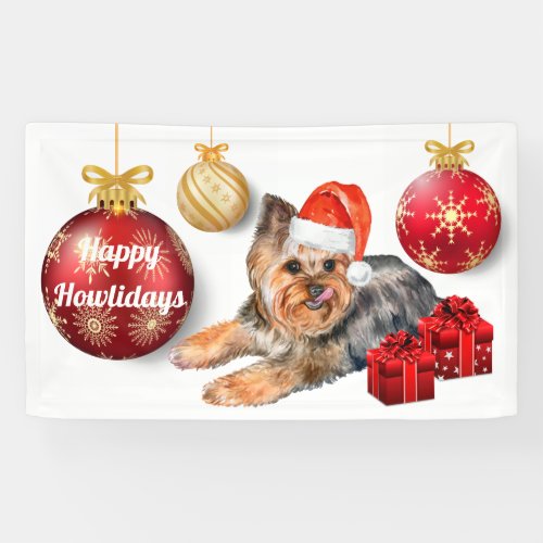 Yorkshire terrier wearing Christmas holiday banner