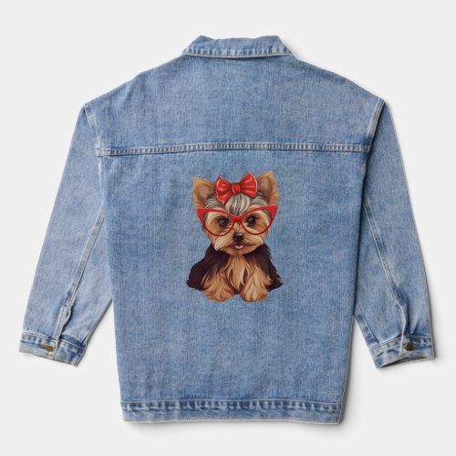 Yorkshire Terrier Wearing Red Glasses And Headband Denim Jacket