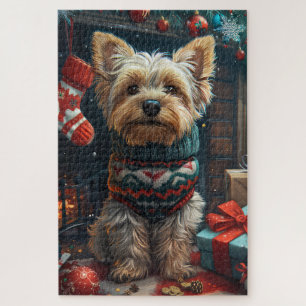 Yorkshire Terrier With Christmas Gifts Fireplace Jigsaw Puzzle