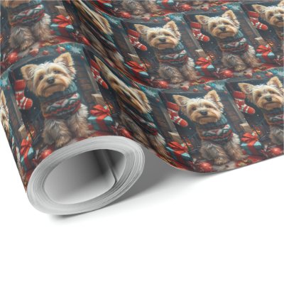 Yorkshire Terrier With Christmas Gifts Fireplace Wrapping Paper