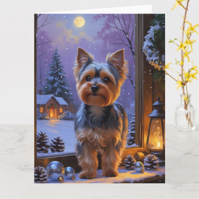 Yorkshire Terrier With Christmas Lights Holiday Card (Yellow Flower)