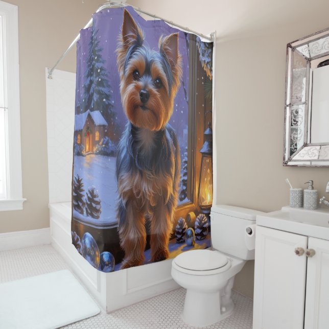 Yorkshire Terrier With Christmas Lights Holiday Shower Curtain (In Situ)