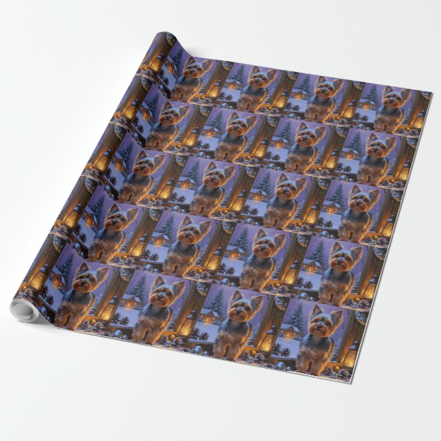 Yorkshire Terrier With Christmas Lights Holiday Wrapping Paper (Unrolled)