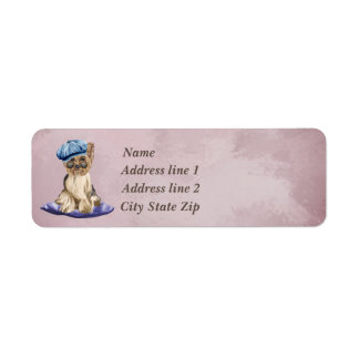 Yorkshire Terrier With Hat on Purple Pillow Label