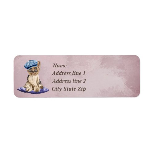 Yorkshire Terrier With Hat on Purple Pillow Label