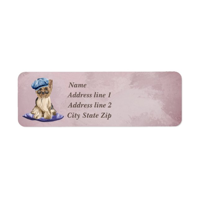 Yorkshire Terrier With Hat on Purple Pillow Label (Front)