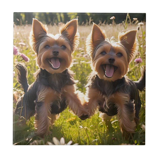 Yorkshire Terriers Playing in the Grass Ceramic Tile (Front)