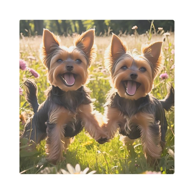 Yorkshire Terriers Playing in the Grass Metal Print (Front)
