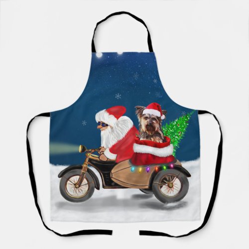 Yorkshire Terriers Ride Santa Claus on Motorcycle Apron