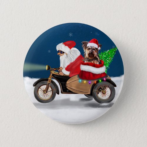 Yorkshire Terriers Ride Santa Claus on Motorcycle Button