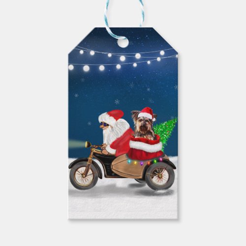 Yorkshire Terriers Ride Santa Claus on Motorcycle Gift Tags