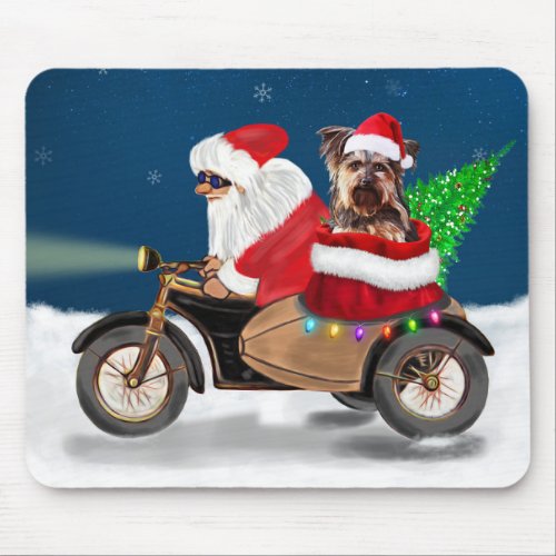 Yorkshire Terriers Ride Santa Claus on Motorcycle Mouse Pad