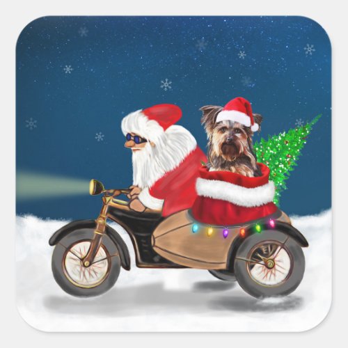 Yorkshire Terriers Ride Santa Claus on Motorcycle Square Sticker