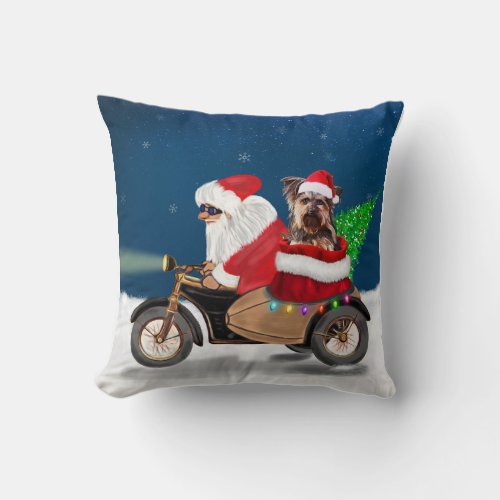 Yorkshire Terriers Ride Santa Claus on Motorcycle Throw Pillow