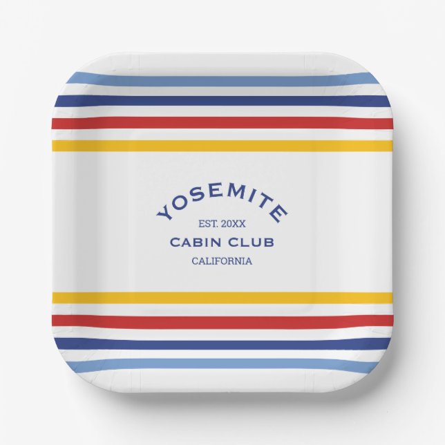 Yosemite Cabin Club Custom Crest Park Stripe Paper Plates (Front)