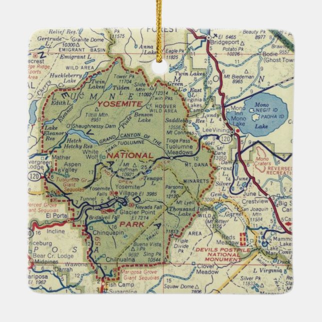 Yosemite National Park 50's Map Ceramic Ornament (Back)