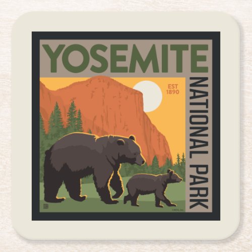 Yosemite National Park  Bear Family Square Paper Coaster