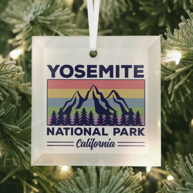 Yosemite National Park California Retro Hiking Glass Ornament (Insitu)