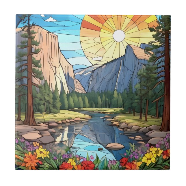 Yosemite National Park Faux Stained Glass Mosaic Ceramic Tile (Front)