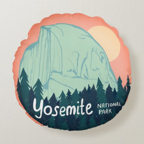 Yosemite National Park Half Dome Teal Peach Round Pillow