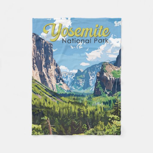 Yosemite National Park Illustration Travel Art Fleece Blanket