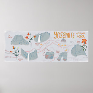 Yosemite National Park Map Illustration Gray Poster