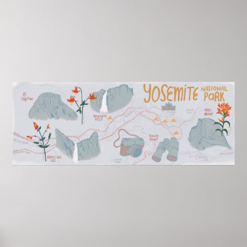 Yosemite National Park Map Illustration Gray Poster