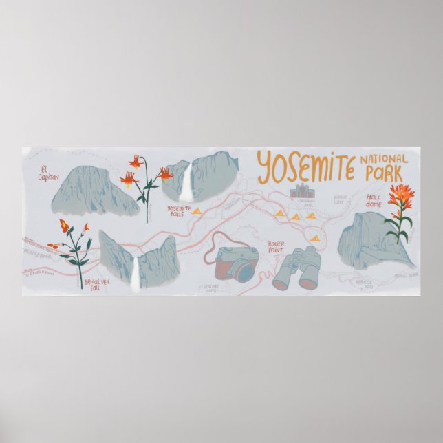 Yosemite National Park Map Illustration Gray Poster (Front)