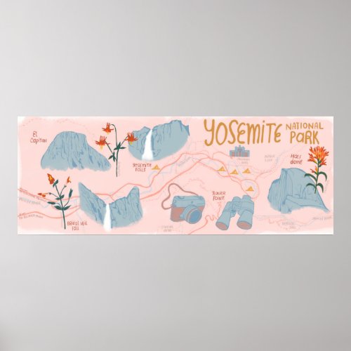 Yosemite National Park Map Illustration Pink Poster