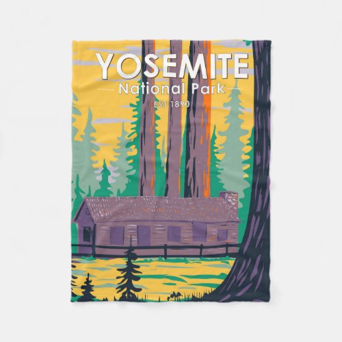 Yosemite National Park Mariposa Grove Cabin Retro  Fleece Blanket