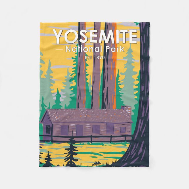 Yosemite National Park Mariposa Grove Cabin Retro  Fleece Blanket (Front)