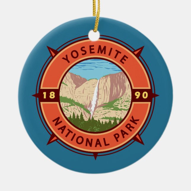 Yosemite National Park Retro Compass Emblem Ceramic Ornament (Front)