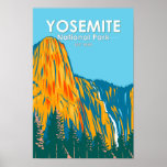 Yosemite National Park Sentinel Fall California Poster<br><div class="desc">Yosemite vector artwork design. The park is famed for its giant,  ancient sequoia trees,  and for Tunnel View,  the iconic vista of towering Bridalveil Fall and the granite cliffs of El Capitan and Half Dome.</div>