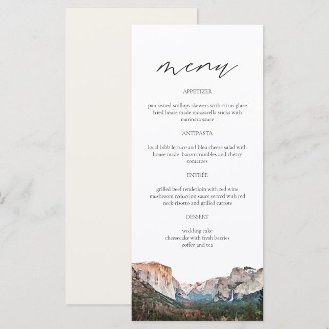 YOSEMITE National Park Skyline Watercolor Wedding  Menu (Front/Back)