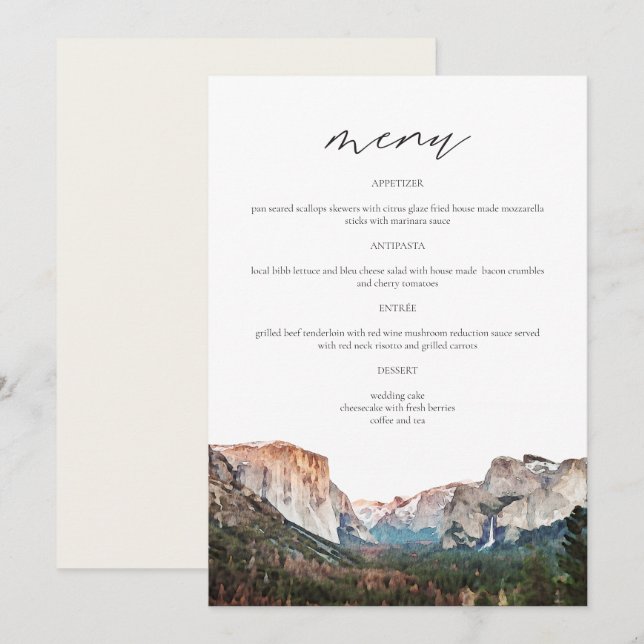 YOSEMITE National Park Skyline Watercolor Wedding  Menu (Front/Back)