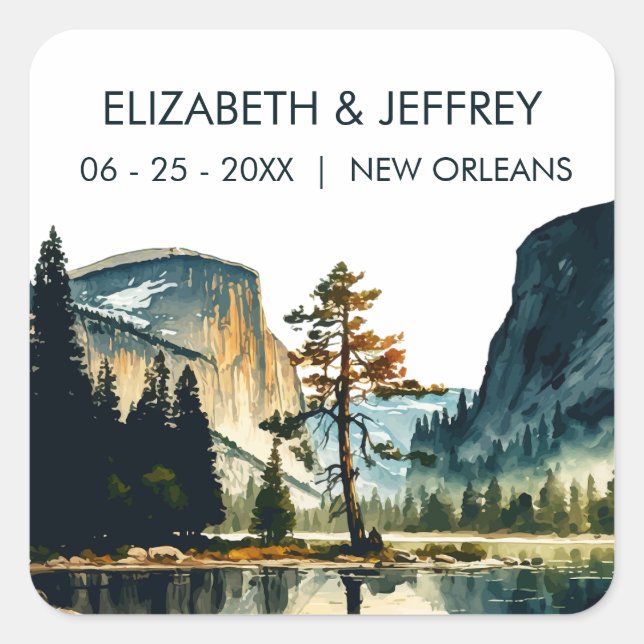 Yosemite National Park Wedding Watercolor Square Sticker (Front)