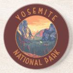 Yosemite Sunset National Park Retro Distressed Coaster<br><div class="desc">Yosemite vector artwork design. The park is famed for its giant,  ancient sequoia trees,  and for Tunnel View,  the iconic vista of towering Bridalveil Fall and the granite cliffs of El Capitan and Half Dome.</div>