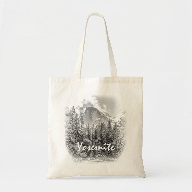 Yosemite's Half Dome in Winter with Yosemite Text Tote Bag (Front)