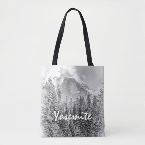 Yosemites Half Dome in Winter with Yosemite Text Tote Bag