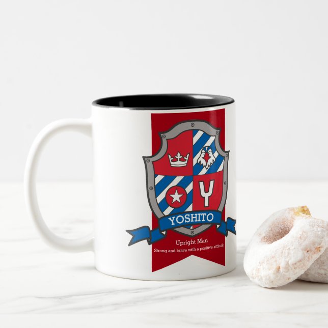 Yoshito name meaning letter Y bird red blue Two-Tone Coffee Mug (With Donut)