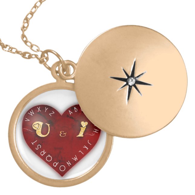 You and I - alphabet game on a red heart Gold Plated Necklace (Front)