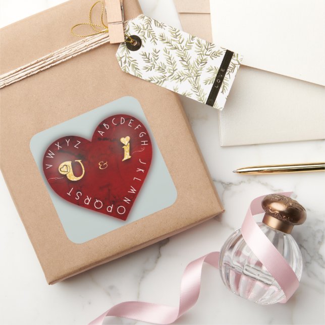 You and I - alphabet game on a red heart Square Sticker (Gifting)