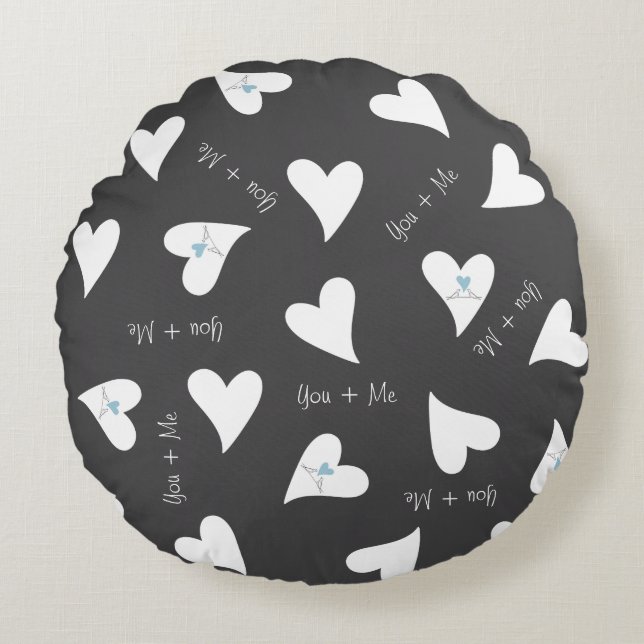 You and Me Birds in Love Light Blue Heart Pattern Round Pillow (Front)
