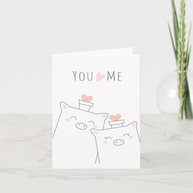 You and Me Cute Pig Pink Heart Love Greeting Card (Front)