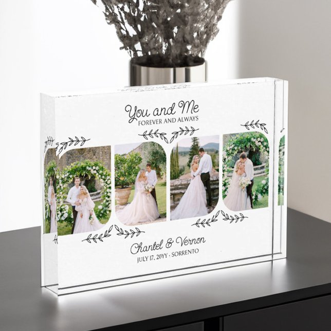 You and Me Forever and Always Elegant Leaf Wedding Photo Block (Acrylic wedding photo block - you and me forever and always - by Darling & May)