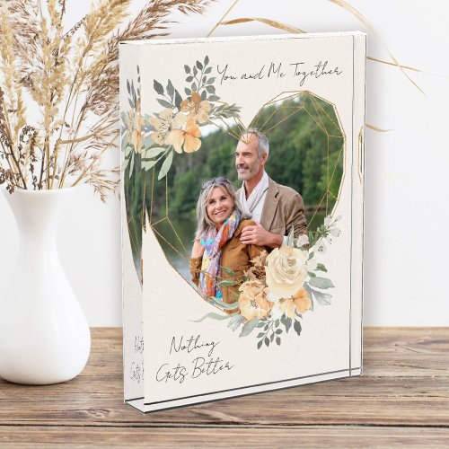You and Me Gold Frame Floral Heart Shaped Photo Block