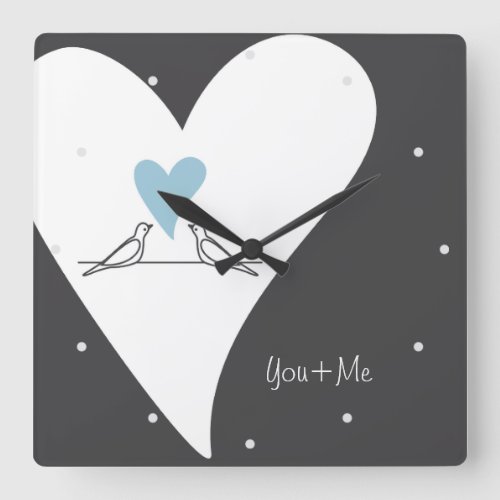 You and Me Modern Love Birds Light Blue Heart Square Wall Clock