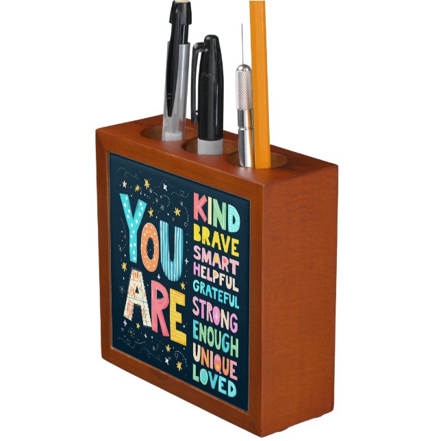 You Are Affirmations Bright Hand Lettering Desk Organizer (In Situ)